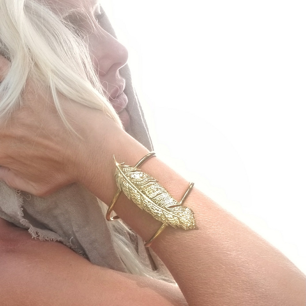 Designer Brass Feather Cuff Bracelet Boho